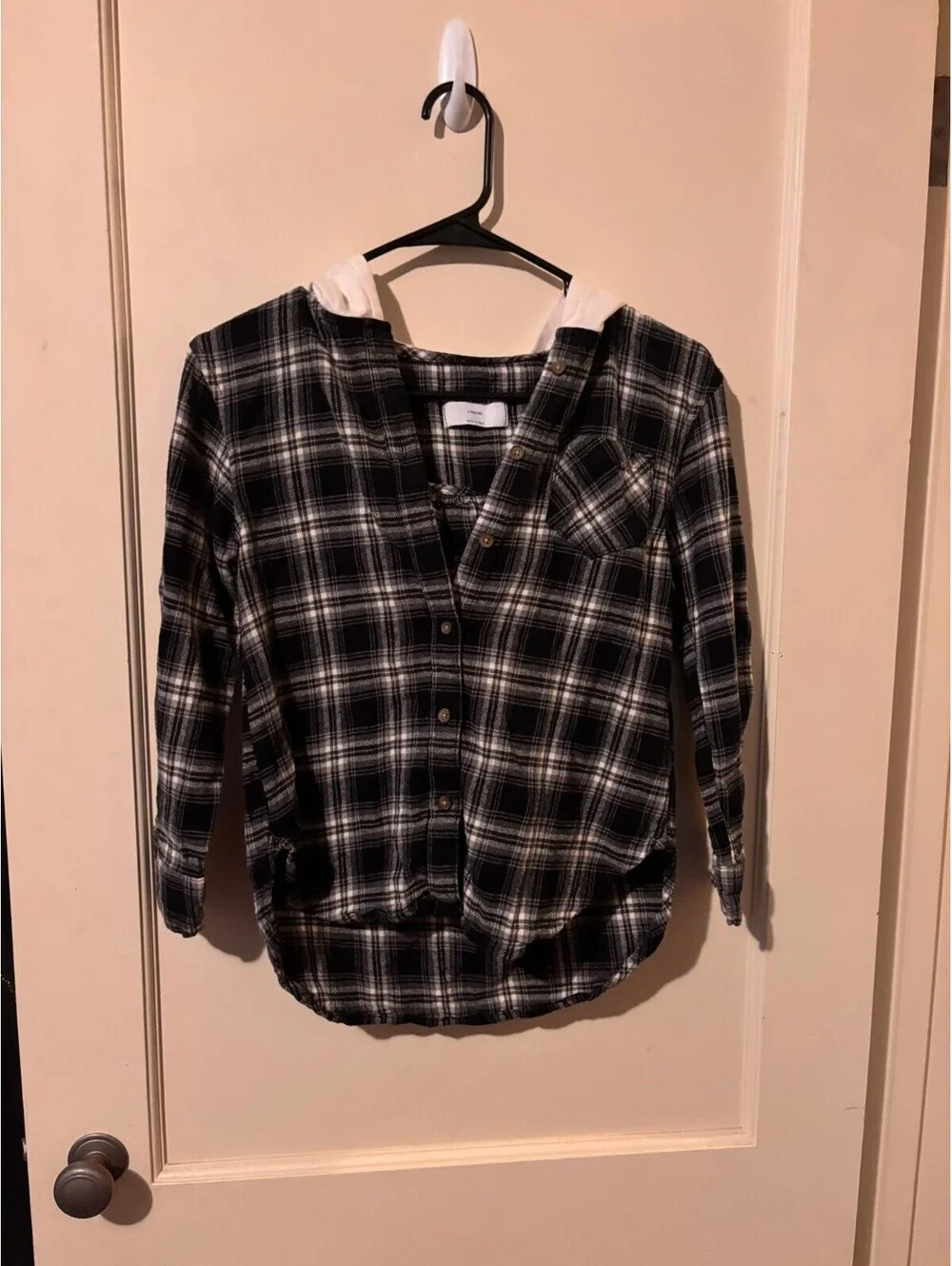 Old Navy Kids's Black and White Plaid Button-Up Hoodie Shirt, Size Large